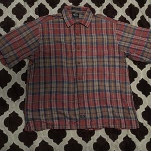 L vintage Dockers pink/blue/taupe plaid button up